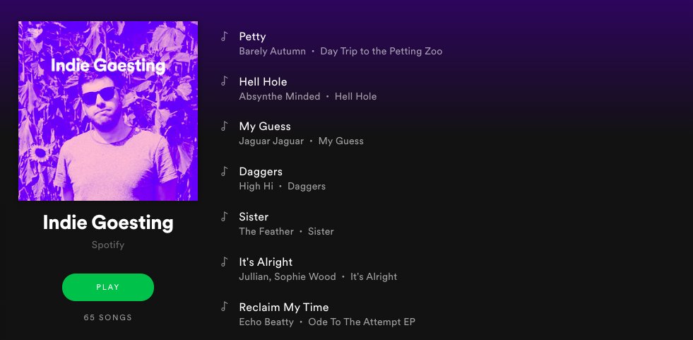 💚 we're on the cover of <a href="/Spotify/">Spotify</a>'s Indie Goesting playlist!! 🎧 listen here: spoti.fi/indiegoesting #awesome