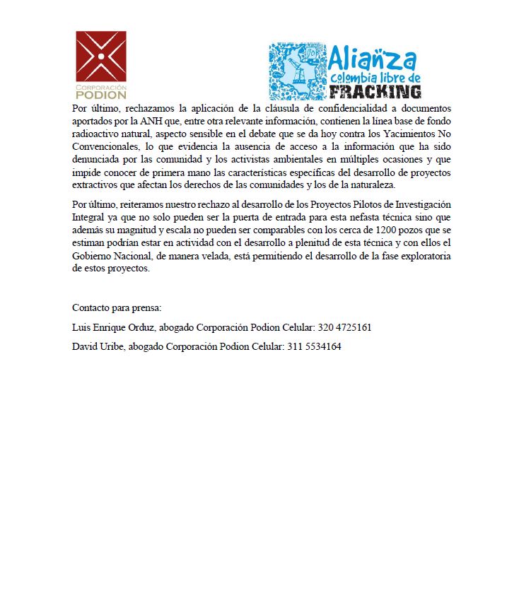 CarlosSantiagoL's tweet photo. Aquí encuentran el comunicado completo de @CPodion y @ColombiaNoFrack sobre esta nueva decisión judicial: Tribunal Administrativo de Cundinamarca agregar condiciones para el desarrollo del fracking. #AlertaFracking https://t.co/7gE6WeNluT