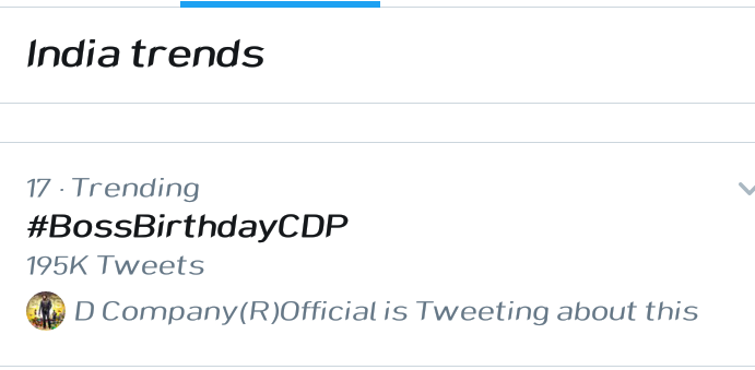 DBossTrends's tweet photo. Not even single Verified ID tweeted! Still trending at 17th position in India😎🔥

#BossBirthdayCDP https://t.co/FxtXK4dAkQ