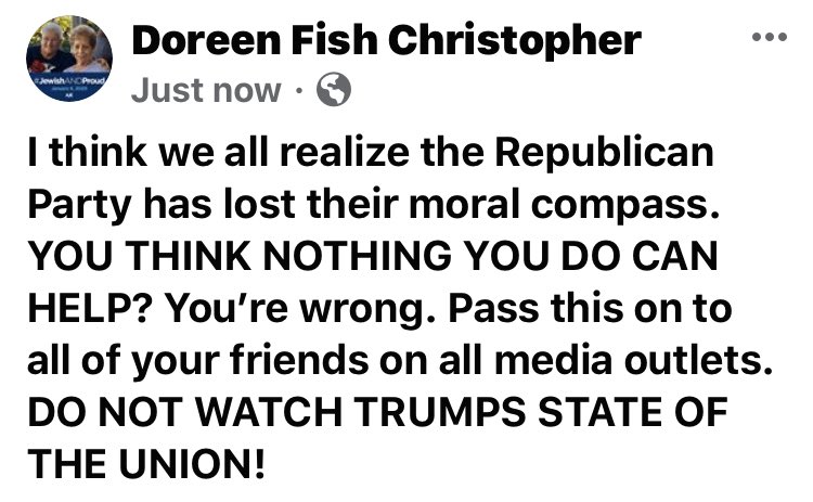 DWayever1's tweet image. #RepublicansLost #Corruption You want to help tell your friends to not watch Trumps state of the union. Pass this on.