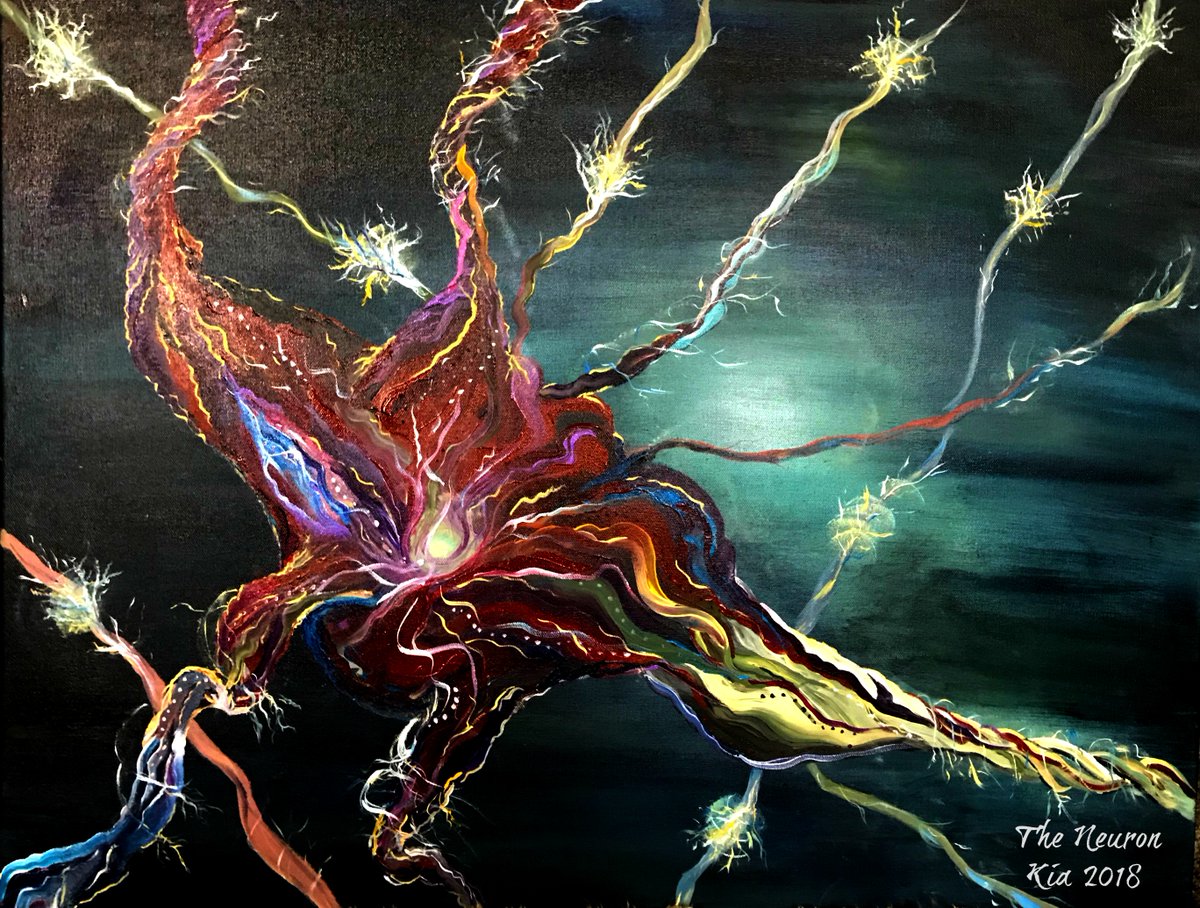 A very colorful abstract painting of a neuron