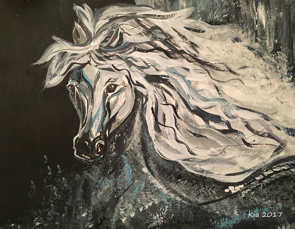 An abstract painting of a horses head. They look like they are running b/c the mane is flowing back. The colors are primarily white, gray, black, and blues. 