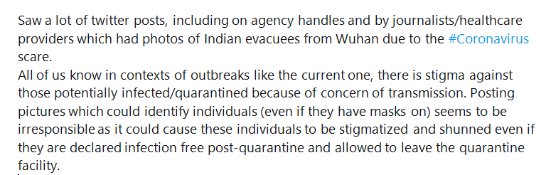 AnantBhan's tweet photo. #bioethics #outbreakcontrol #publichealthethics #coronavirusindia 
IMHO, irresponsible to put up pictures of evacuees from Wuhan on social media given possibility of stigma and potentially discrimination. https://t.co/3ugTZgp3MR