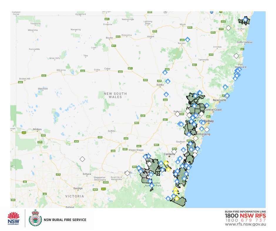 NSWRFS's tweet photo. As the clock strikes twelve, 62 bush and grass fires are burning in NSW, with 25 still to be contained. 4 fires remain at Watch and Act. More than 2,000 firefighters remain in the field. Crews will work overnight to slow the spread of fire and protect homes where possible #nswrfs https://t.co/PoZ5ptK5RI