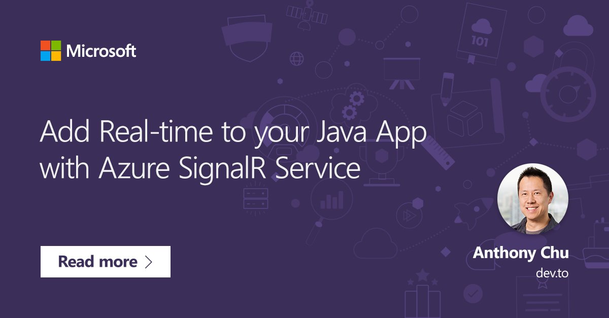 "Add real-time to your Java App with Azure SignalR Service" is displayed against a purple background.