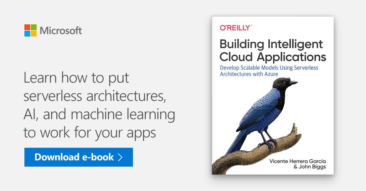 Book cover with the title "Building Intelligent Cloud Applications". On the left is displayed "Learn how to put serverless architectures, AI, and machine learning to work for your apps"