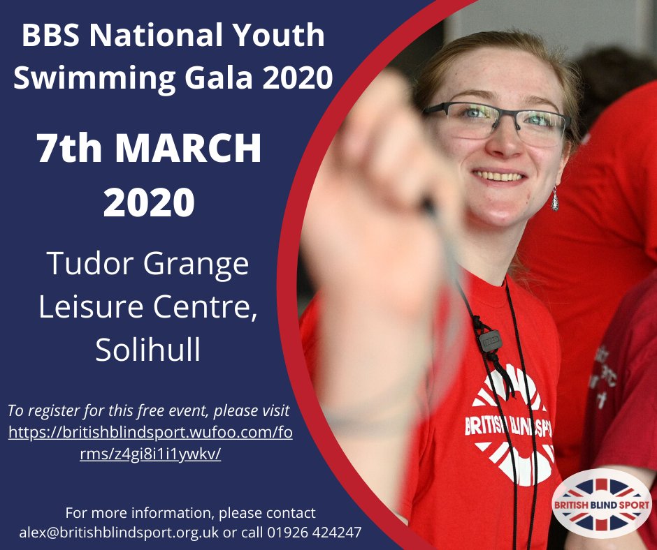Image shows a girl dressed in a British Blind Sport t-shirt and wearing a timing device. On the right hand side of the image reads BBS National Youth Swimming Gala 2020, 7th march 2020, Tudor Grange Leisure Centre Solihull , for more info contact alex@britishblindsport.org.uk or call 01926 424247