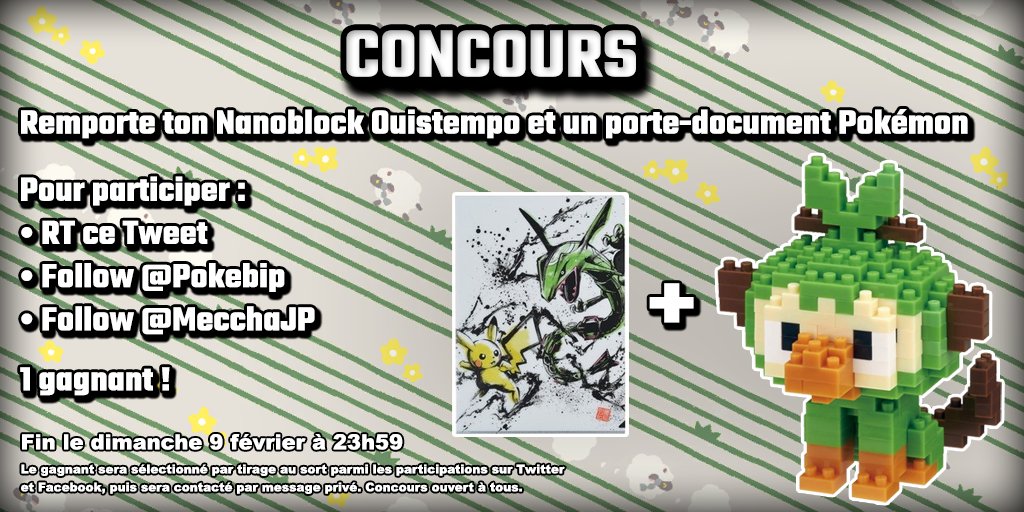 Pokebip's tweet photo. [CONCOURS]
Pour bien débuter le mois de février, Pokébip et @mecchaJP vous font gagner un Nanoblock Ouistempo ainsi qu'un porte-document Pikachu &amp; Rayquaza !

Pour participer :
• RT ce tweet
• Follow @Pokebip
• Follow @mecchaJP

Fin du concours le 9 février à 23h59.

1 gagnant https://t.co/tx2Y5l16pU