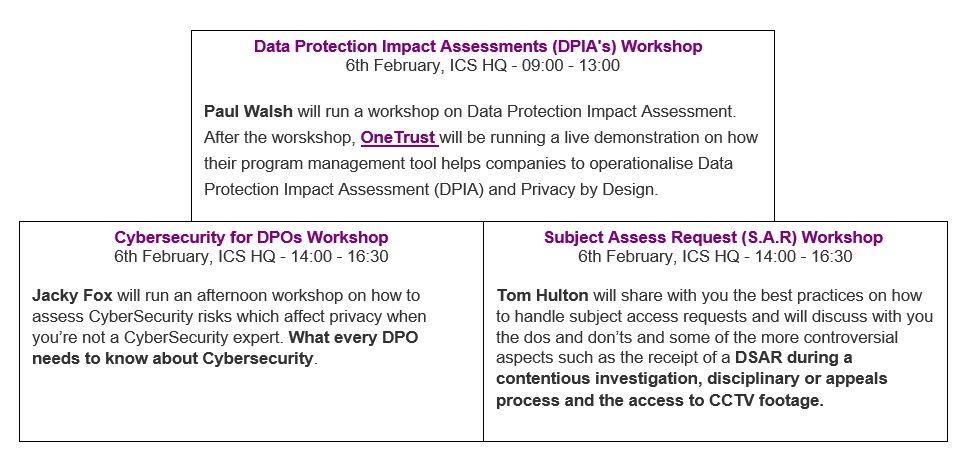 Only few places left for our workshops on the 6th of February.
Don't miss out register at dpo.ie/conference

#dublinevent #dublinworkshop #GDPR #dataprivacy @IrishCompSoc #cybersec #CCTV #dataprotection #dpiff