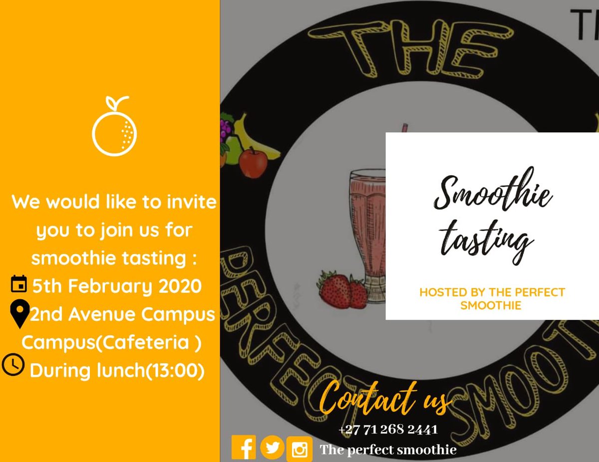 TPSmoothie's tweet photo. See you there ? 

#ThePerfectSmoothie #NelsonMandelaUniversity #NMU #SmoothieTasting #PEtwitter https://t.co/EpMqT5zwAg