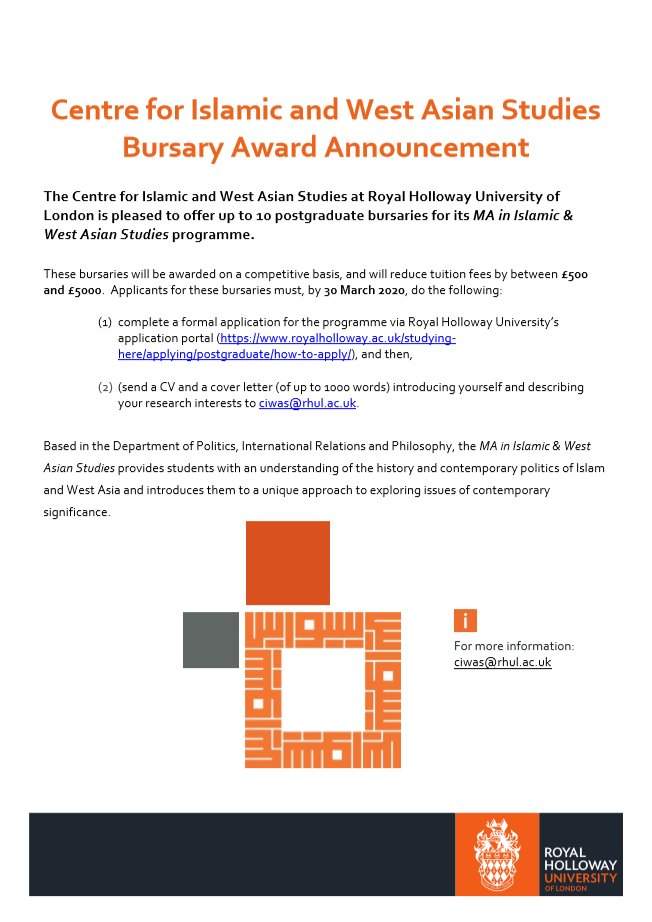 CIWAS_RHUL's tweet photo. We are offering up to 10 bursaries for our MA programme. 
These awards are our way of encouraging the next generation scholars, journalists, and policy makers who are fascinated by the world beyond the West.

HURRY UP! submit your full application before 30 March. 

More info👇 https://t.co/UcqvZFZBYk