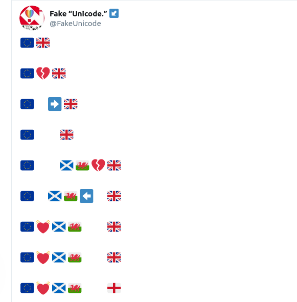 Depiction using flag emoji showing European Union and the UK fighting, and breaking up. And then Scotland and Wales leaving the UK and going back to the EU. And then the UK flag turns into the England flag.
