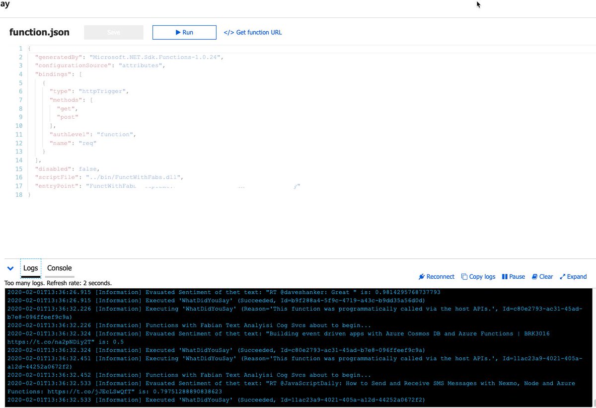 fabianwilliams's tweet photo. Gr8 @azure telemetry from an extended test on my #Python infinity run script that processes #tweets &amp; evaluates them using @AzureFunctions calling into #SentimentsAnalysis from #Azure which in turn fuels another homegrown #MachineLearning model - more in my upcoming sessions https://t.co/7hFCX4iF99