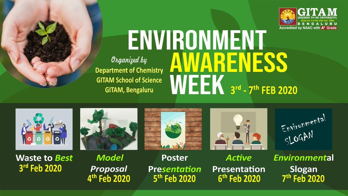 GITAM_Bengaluru's tweet photo. "Be a part of the Solution not part of Pollution"
GITAM Bengaluru is pleased to announce Environment Awareness Week from 3rd to 7th Feb organized by GITAM School of Science,Bengaluru Exciting competitions are waitng
#environment #awareness #ClimateChange #GoGreen #4change #Gitam https://t.co/kv2dxnAIwh
