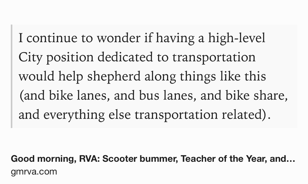 Text Shot: I continue to wonder if having a high-level City position dedicated to transportation would help shepherd along things like this (and bike lanes, and bus lanes, and bike share, and everything else transportation related).