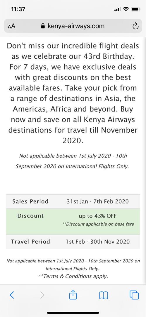 Pour leur 43 anniversaire, Kenya Airways poursuit sa promotion jusqu’au 7 février, avec jusqu’a 43 % de réduction sur leurs billets d’avion