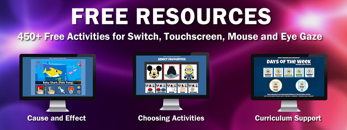 450+ FREE activities for switch, touchscreen, pointing device &amp; eye gaze users to use online or download and keep. 100s of other resources &amp; useful websites for educators, therapists &amp; parents of young people with severe &amp; complex needs. bit.ly/2uAvu8v  #ATIA20