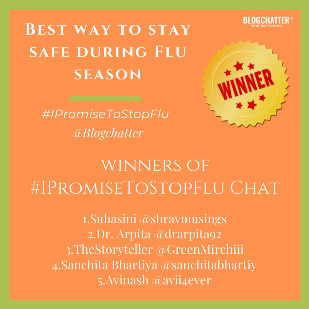 blogchatter's tweet photo. Some weekend cheer here! We are announcing the winners of #IPromiseToStopFlu aaaand they are: 
Suhasini @shravmusings
Dr. Arpita @drarpita92
TheStoryteller @GreenMirchiii
Sanchita Bhartiya @sanchitabhartiy
Avinash @avii4ever
Congratulations! DM us your email ids right away! https://t.co/I5vLdwNpV0