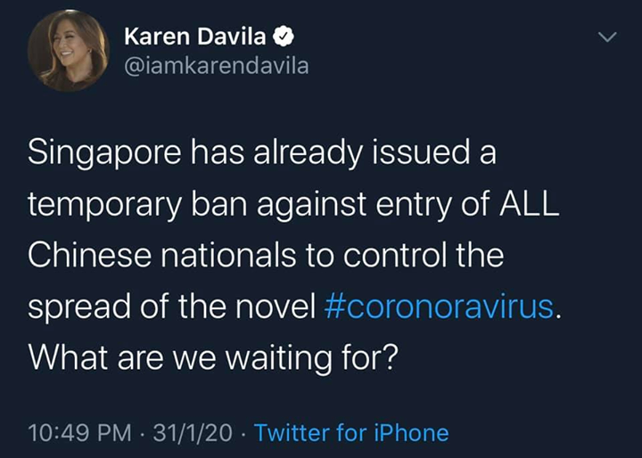 ThinkingPinoyPH's tweet photo. Hey @iAmKarenDavila, please stop spreading Fake News.

Singapore banned entry to visitors who recently traveled to China, without regard to nationality. In case you still don't get it, Chinese nationals who DID NOT RECENTLY TRAVEL TO CHINA are not banned… https://t.co/elynPDOHVc https://t.co/frziffwitd