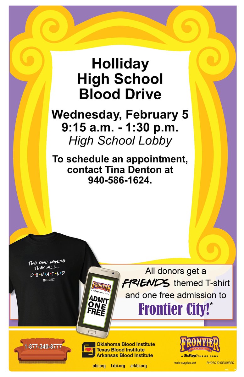 Holliday High School will be hosting a blood drive on Wednesday, February 5th! Please contact the high school office 940-586-1624 to schedule an appointment! Mrs. Denton will be gone to a conference and will not be able to schedule appointments. Thank you for your participation!
