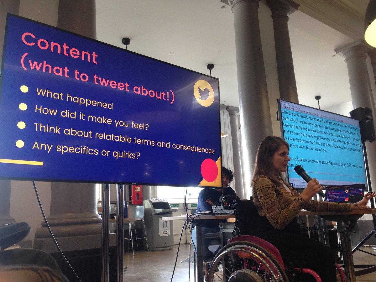 Katie with mic in front of screen with Content recommendations. What happened, How did it make you feel? Think about relateable terms and consequences.Any specifics or quirks.