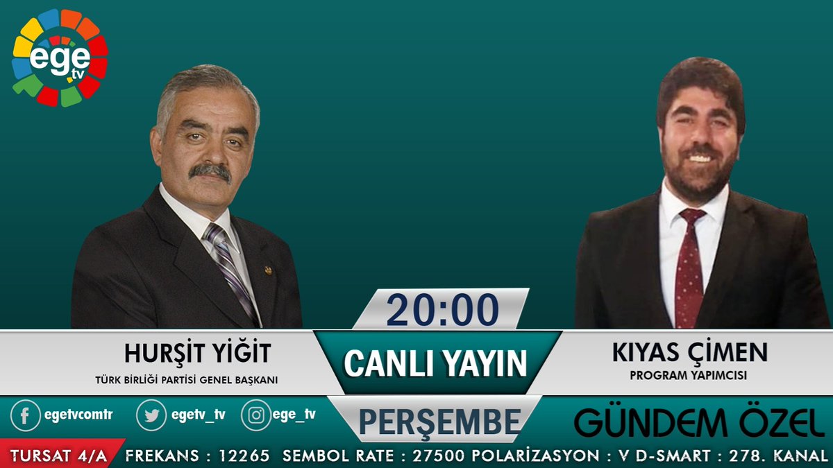 #CANLIYAYIN 
⏰ Perşembe / 20.00
📍 📺 EGE TV #İstanbul stüdyoları 
📡 "GÜNDEM ÖZEL" programında bu Haftaki #Canlı Yayın Konuğum #Türk Birliği Partisi Genel Başkanı Sayın #HurşitYiğit olacak...
Bölgenin tek televizyonu #Egetv
<a href="/hursityigit/">hurşit</a> <a href="/egetv_comtr/">Egetv</a>