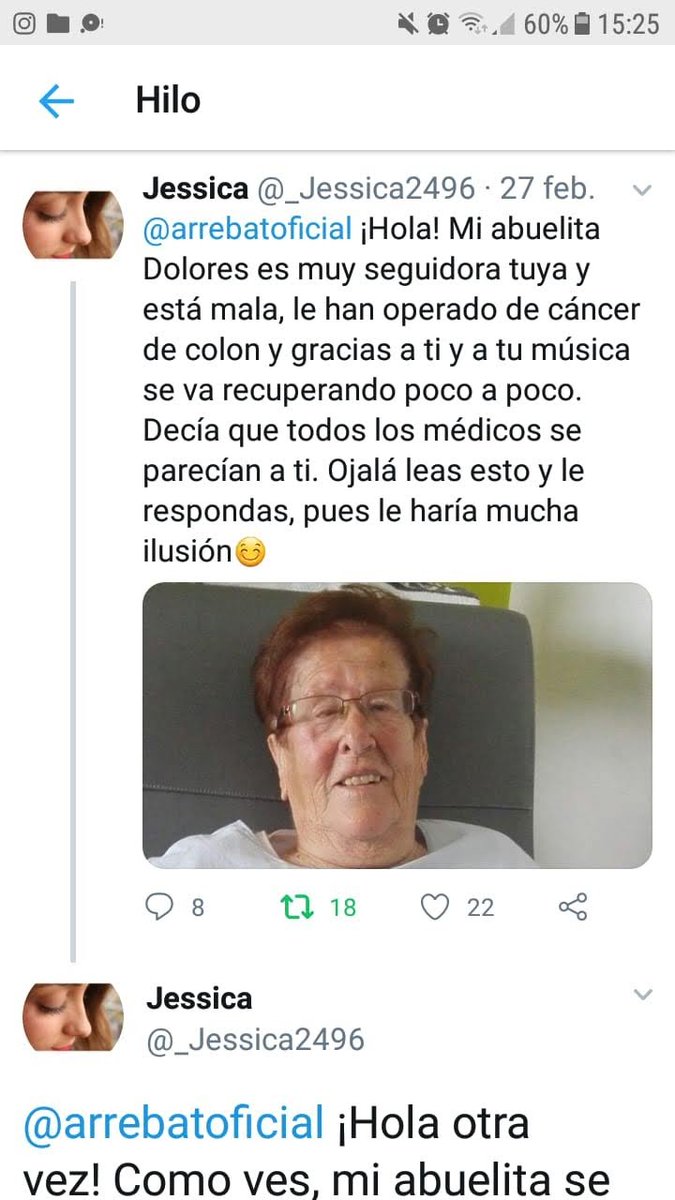 _Jessica2496's tweet photo. @arrebatoficial ¡Hola Javier! Como ves, mi abuelita (tu fan n° 1) se ha recuperado del todo y por fin va a poder a ir a verte a Elche la semana que viene (a Elda no pudo ir, le ingresaron). Le encantaría conocerte en persona y darte las gracias. Se lo merece. ¡Muchas gracias! https://t.co/HELGW5AEUb