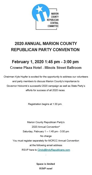 IndyGOP's tweet photo. TODAY IS THE DAY: Join us today at 1:45pm for the 2020 Marion County Republican Party Convention. Indiana State GOP Chairman Kyle Hupfer will be addressing our great volunteers and members. See you later today. #IndyGOP @indgop https://t.co/ca6zDYLRFr