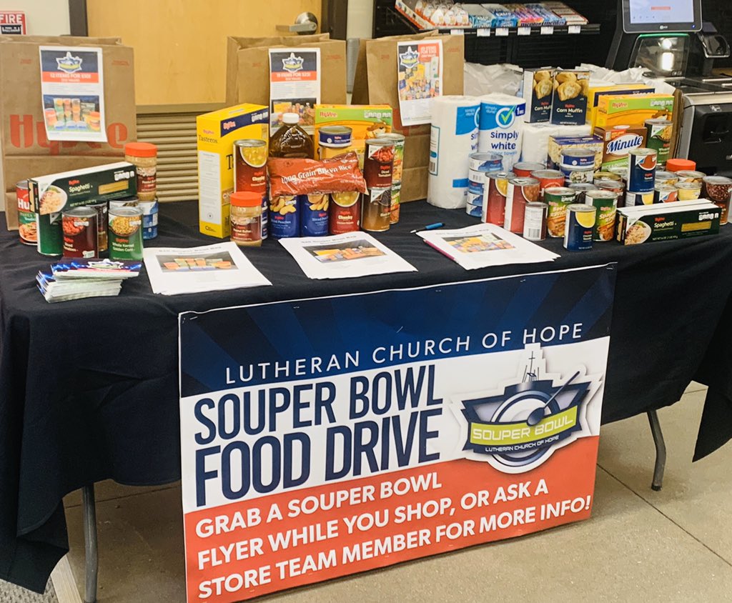 WaukeeHyVee's tweet photo. @HopeWaukee and Waukee Hy-Vee are teaming up for the Souper Bowl Food Drive to help families in need in our community! Stop by this weekend and purchase a bag for $10, $25, or $50 at the checkout! We will fill the bags and deliver to Hope Church! 
❤️ https://t.co/UroltOrSkw
