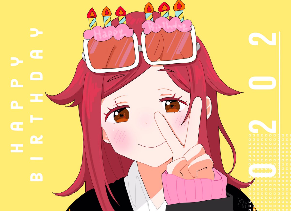 1girl v happy birthday red hair solo eyewear on head smile  illustration images