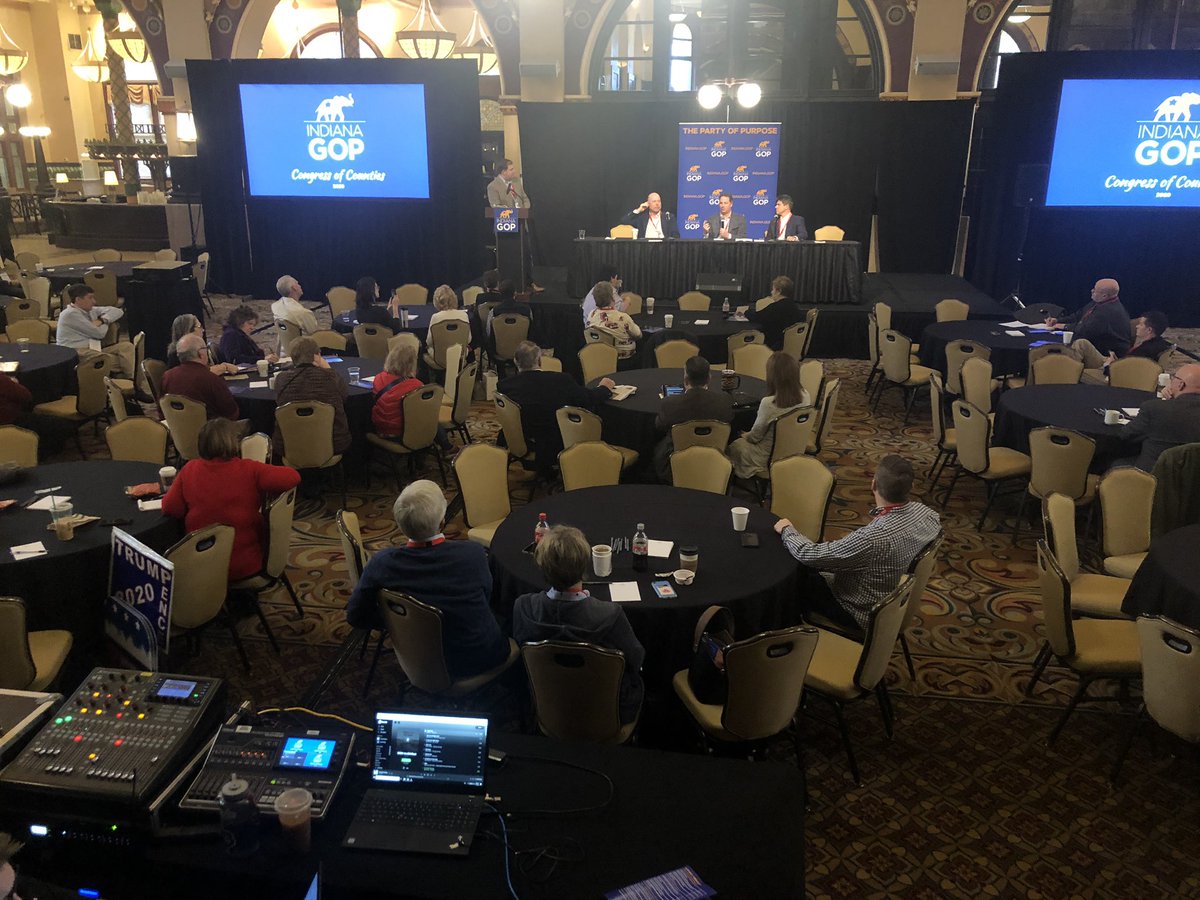 indgop's tweet photo. We’re almost halfway through the 2020 legislative session. #Indiana continues to lead in fiscal responsibility & major issues impacting Hoosier lives, & Speaker @Brian_Bosma, Speaker-elect @tmhuston & Senator @bray_rodric are talking us through it. #CongressofCounties https://t.co/6iTzvDkPWS