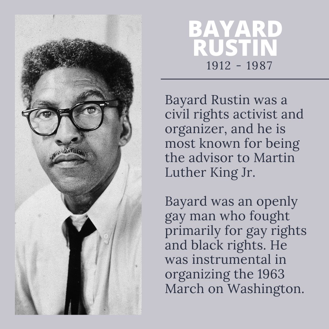 2QTPride's tweet photo. Every Saturday during Black History Month, we're going to be sharing Queer &amp; Trans Black Historical Figures! Bayard Rustin is the forgotten mind behind the revolutionary Walk on Washington.

To learn more about Bayard Rustin, go to:
https://t.co/jQ3XnKHs7j
https://t.co/YcsctxdRwZ https://t.co/tKNcNpDMd2