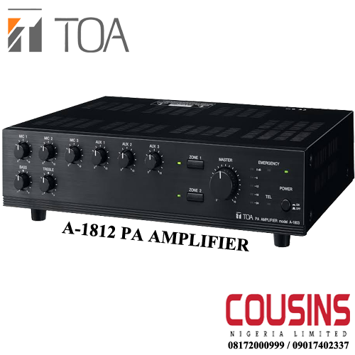 cousinsnigeria's tweet photo. The TOA A-1812 two-zone #mixer 3#amp is rated at 120 watts, 100-volt line. It's 3 mic inputs and 3 lines #inputs as well as telephone and emergency #equipment inputs.
#TOA #Cousinsnigeria #PAAmplifier #PublicAddressSystem #2020 #2020arrival #PowerAmp #Poweramplification https://t.co/PXvcPJ3uLc