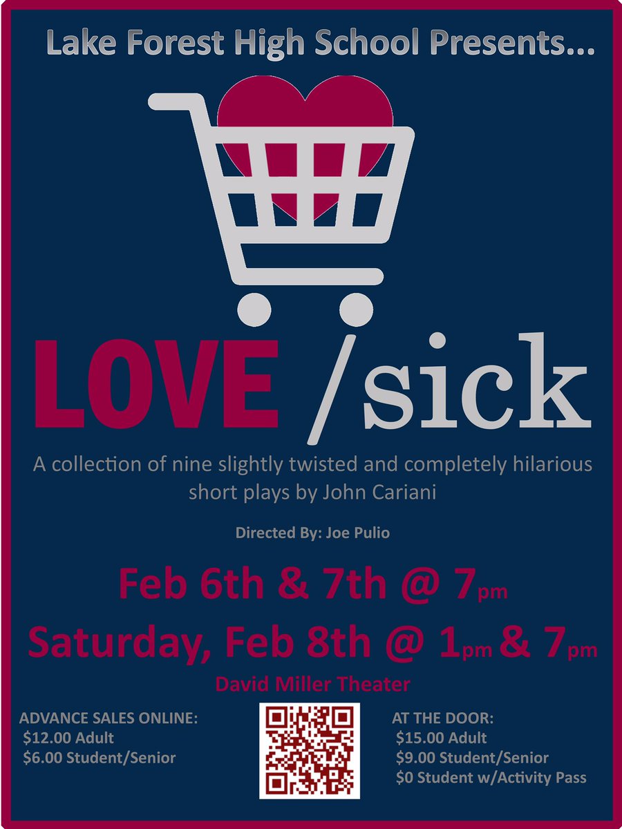 Come see the LFHS Winter Show, Love/Sick. 

Show Dates: Feb 6 &amp; 7 @ 7 pm; Feb 8 @ 1pm &amp; 7pm
Tickets: app.arts-people.com/index.php?tick…

A darker cousin to Almost, Maine, John Cariani’s LOVE/SICK is a collection of nine slightly twisted and completely hilarious short plays.