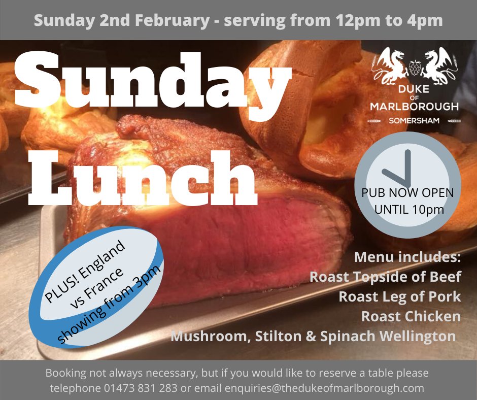 DukeOfMarl's tweet photo. Let us take the strain and do the cooking (and washing up!) - Serving from 12pm to 4pm - For bookings please telephone 01473 831 283 https://t.co/gdTQPZkzZH https://t.co/BgNcXn0jGl