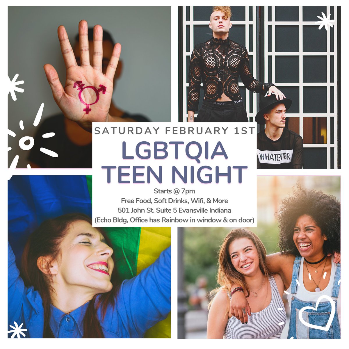 tsalgbtq's tweet photo. TONIGHT! All High School &amp; Middle school age LGBTQIA folks &amp; their straight supportive friends are welcome. No cost. Just good folks, food, &amp; wifi. Starts @ 7pm!! Drop in when you can. 😊 501 John St. Suite 5 Evansville IN #lgbtqIN #lgbtqIL #lgbtqKY https://t.co/Zn25V14aJq