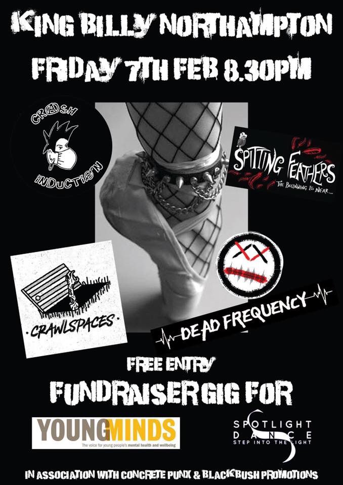 Next Friday, a bit of punk in Northampton to raise money for great causes featuring <a href="/CrashInduction/">Crash Induction</a> <a href="/DeadFrequencyUK/">Dead Frequency</a> <a href="/UkSpitting/">Spitting Feathers uk</a> and Crawlspaces. Come and show some love <a href="/mkfm/">MKFM 106.3</a> <a href="/AlternativeMk/">@revolverradio</a> <a href="/thepunklounge/">The Punk Lounge</a> <a href="/rmkmedia/">radiomk</a> <a href="/mk_citizen/">MK Citizen</a> <a href="/punkyradio/">Punky!</a> @PunksInPubs