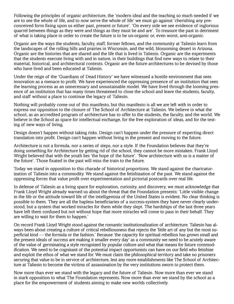 Our manifesto against what The Frank Lloyd Wright Foundation has done to The School of Architecture at Taliesin
published first by <a href="/archinect/">Archinect</a>