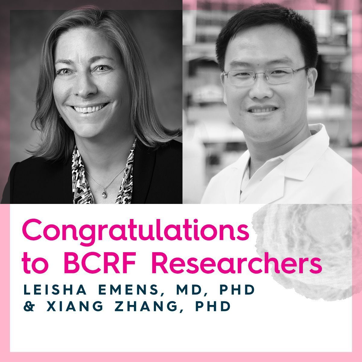 headshots of Dr. Emens and Dr. Zhang with text Congratulations