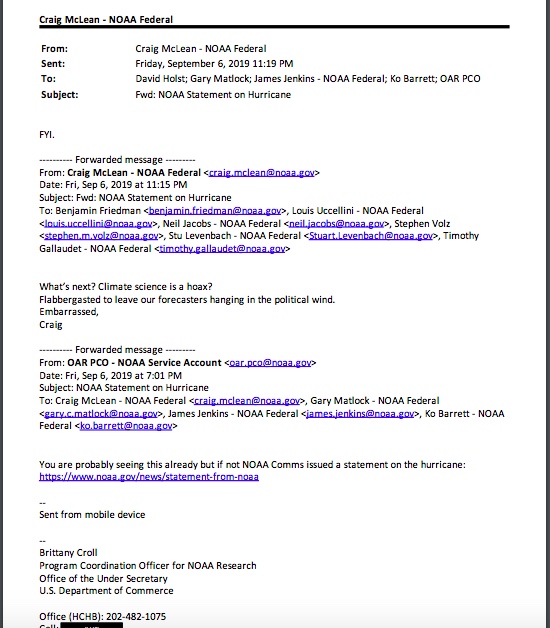 In an email, NOAA's chief scientist Craig McLean reacts to the unsigned statement NOAA issued last September backing Trump on Hurricane Dorian and Alabama."What’s next? Climate science is a hoax?Flabbergasted to leave our forecasters hanging in the political wind.Embarrassed"