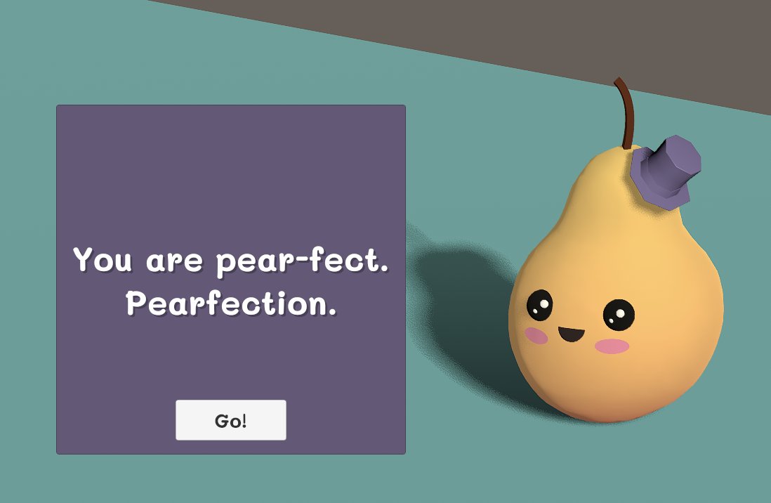 An adorable 3D pear wearing a purple top hat and blushing says "You are pear-fect. pearfection."