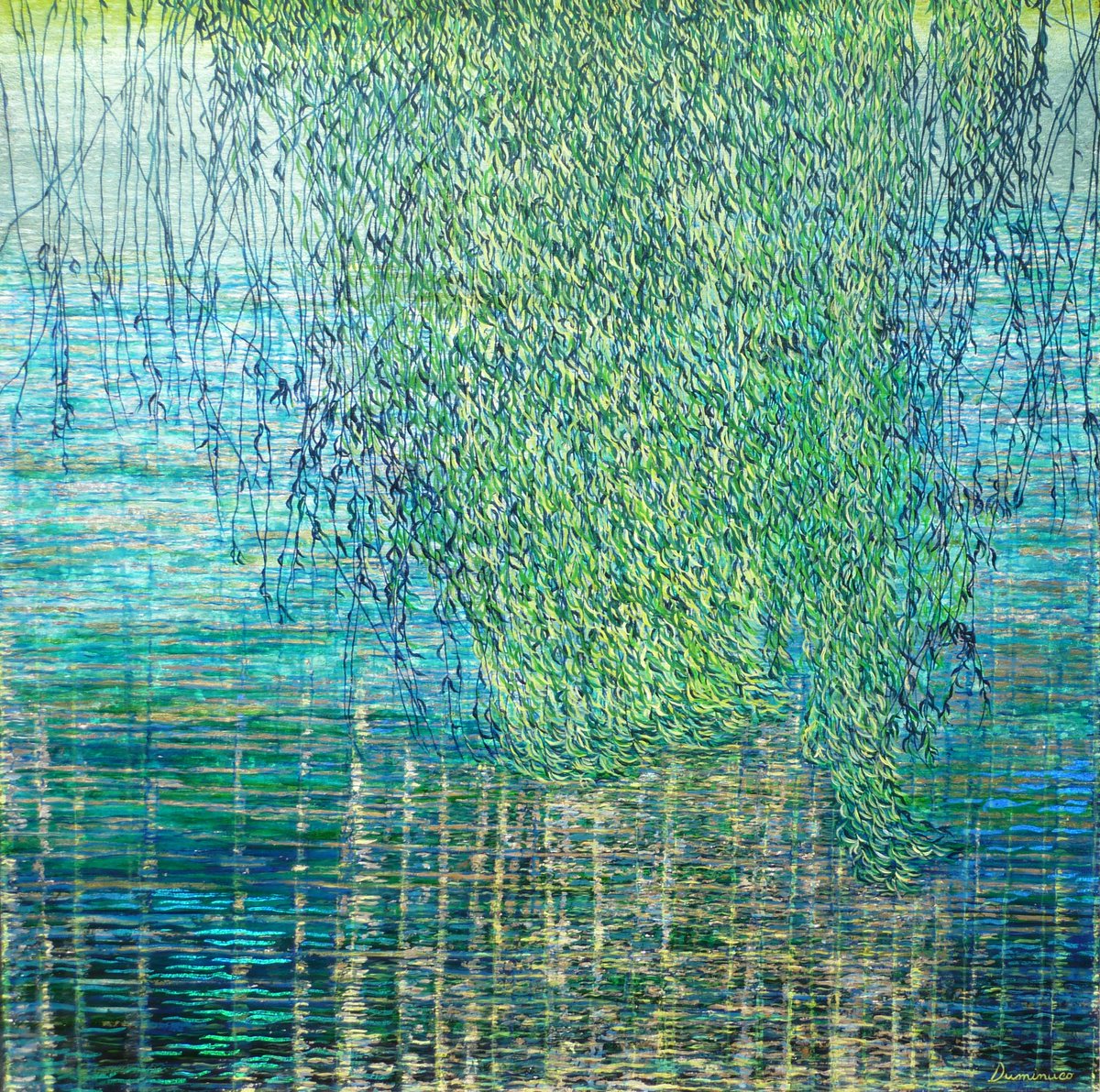BettiDumi's tweet photo. LA CAREZZA DEL SALICE (The Willow Caress) 

100W x 100H x 2.5   A willow caresses the pond surface. Silver leaf, metal foils, alkyd colors, oil colors and glass colors on chalk prepared honeycomb core wood panel.

https://t.co/s8OBbNeLXG

#saatchiart 
#elisabettaduminuco https://t.co/mCZNJSeD6A