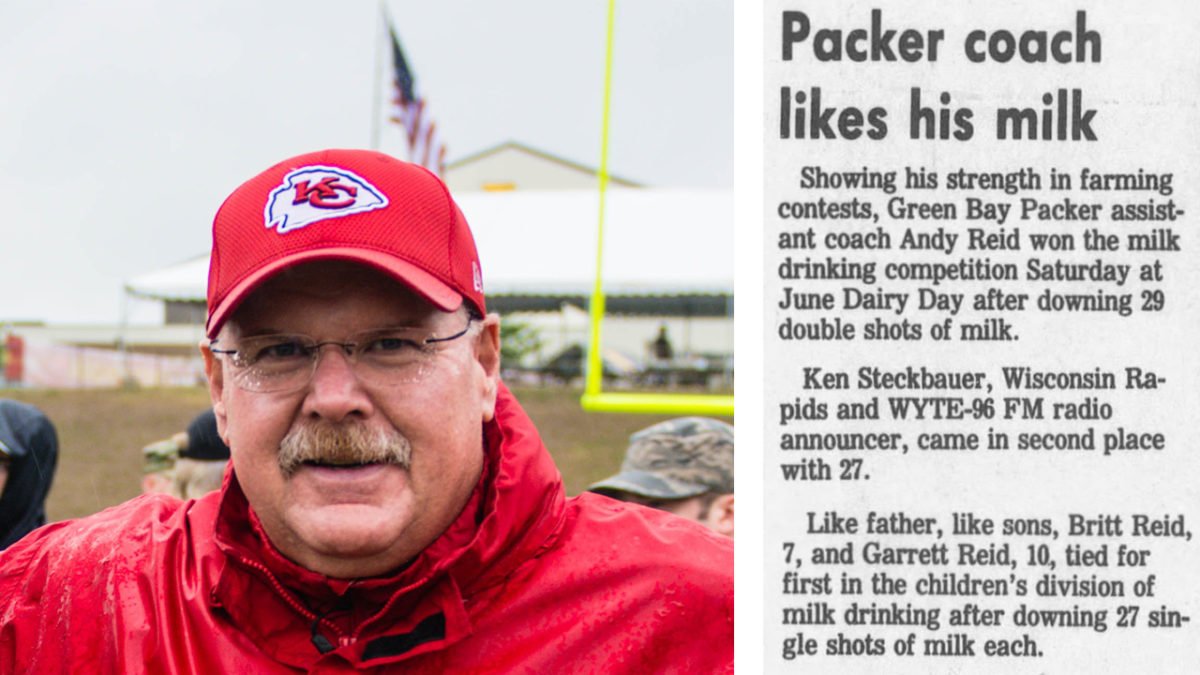 Newspaper story detailing Andy Reid’s milk-drinking contest win.