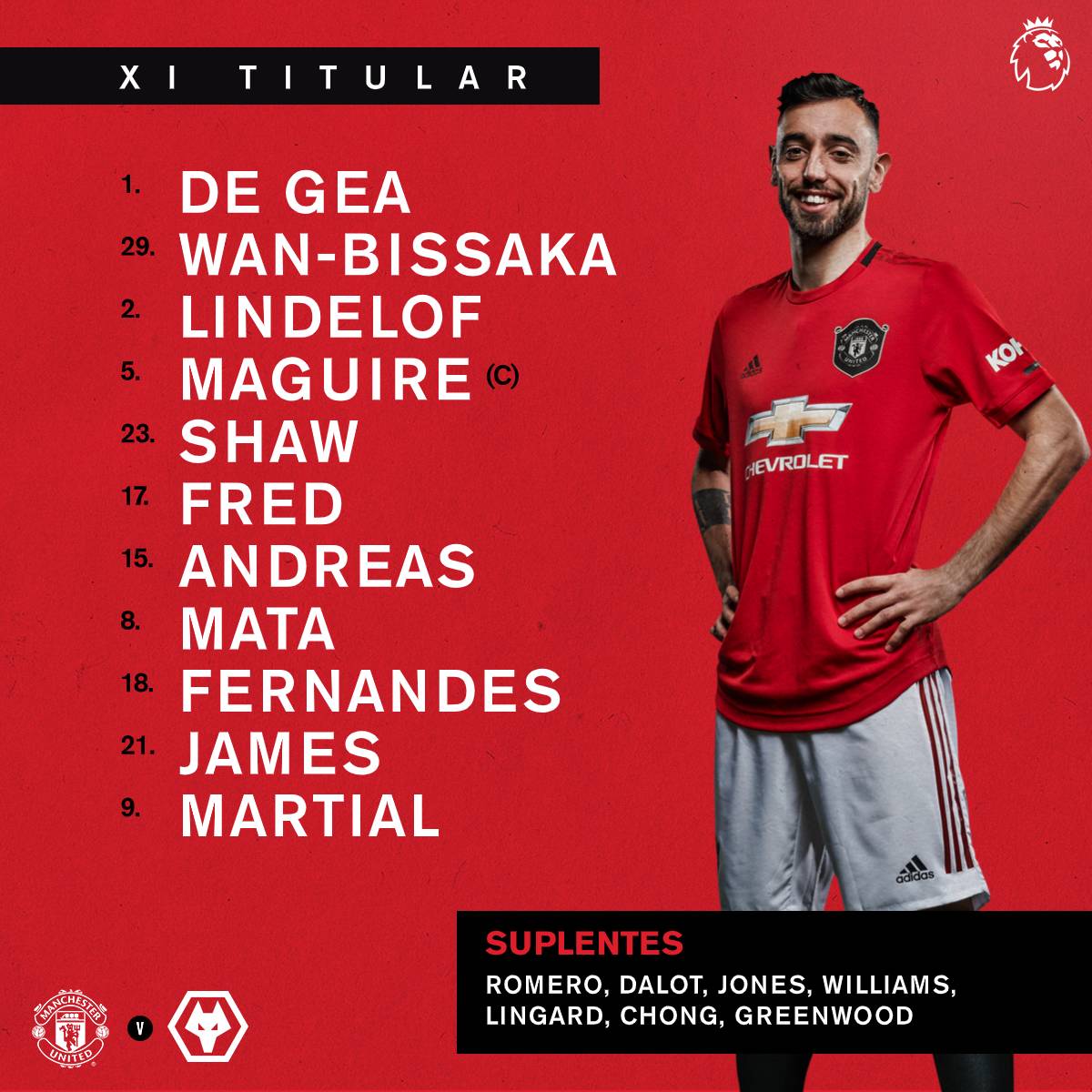 Mufc Br On Twitter Escalacao Para O Jogo De Hoje Contra Os Wolves Bruno Fernandes Fara Sua Estreia [ 1200 x 1200 Pixel ]