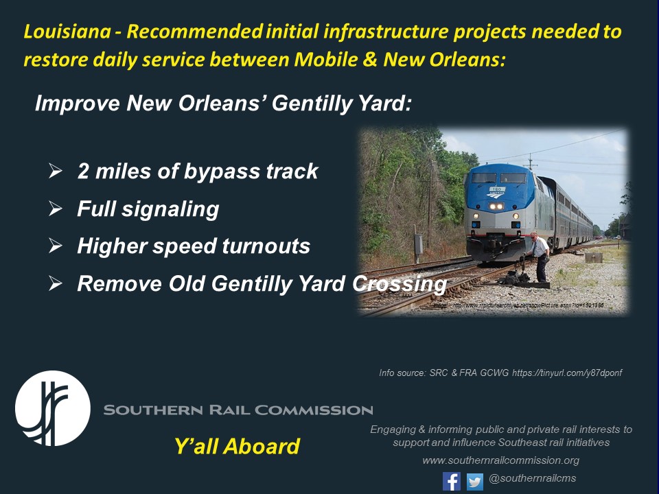 SouthernRailCms's tweet image. To bring @Amtrak back to the Gulf Coast between New Orleans and Mobile, $66+Million in infrastructure improvements are planned for the freight rail corridor that runs across southern LA, MS, &amp;amp; AL. These projects will benefit freight operations at no cost to the freights.
