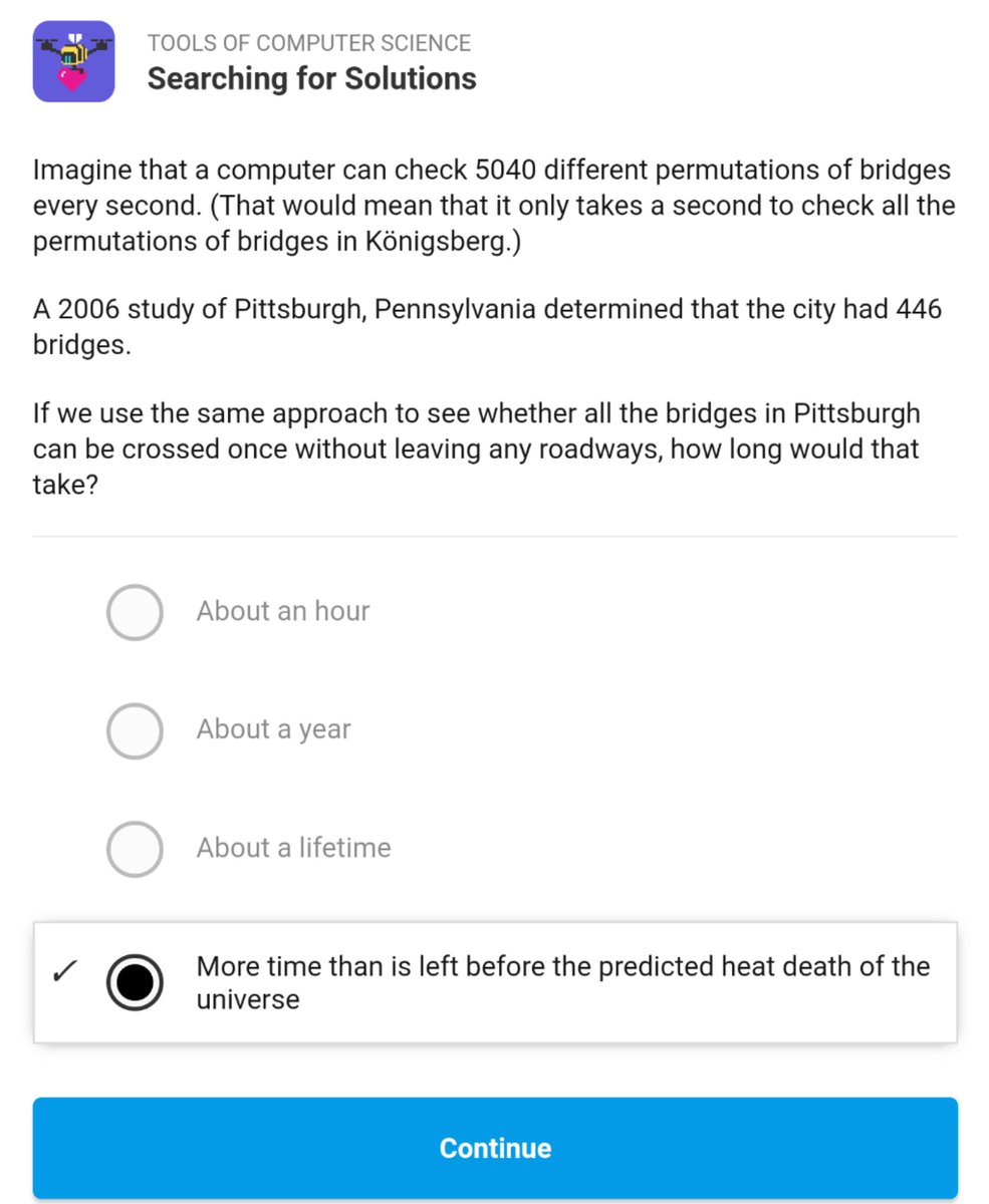 Brilliant.org app explaining that checking 446! permutations would take longer than the amount of time left before the universe dies.