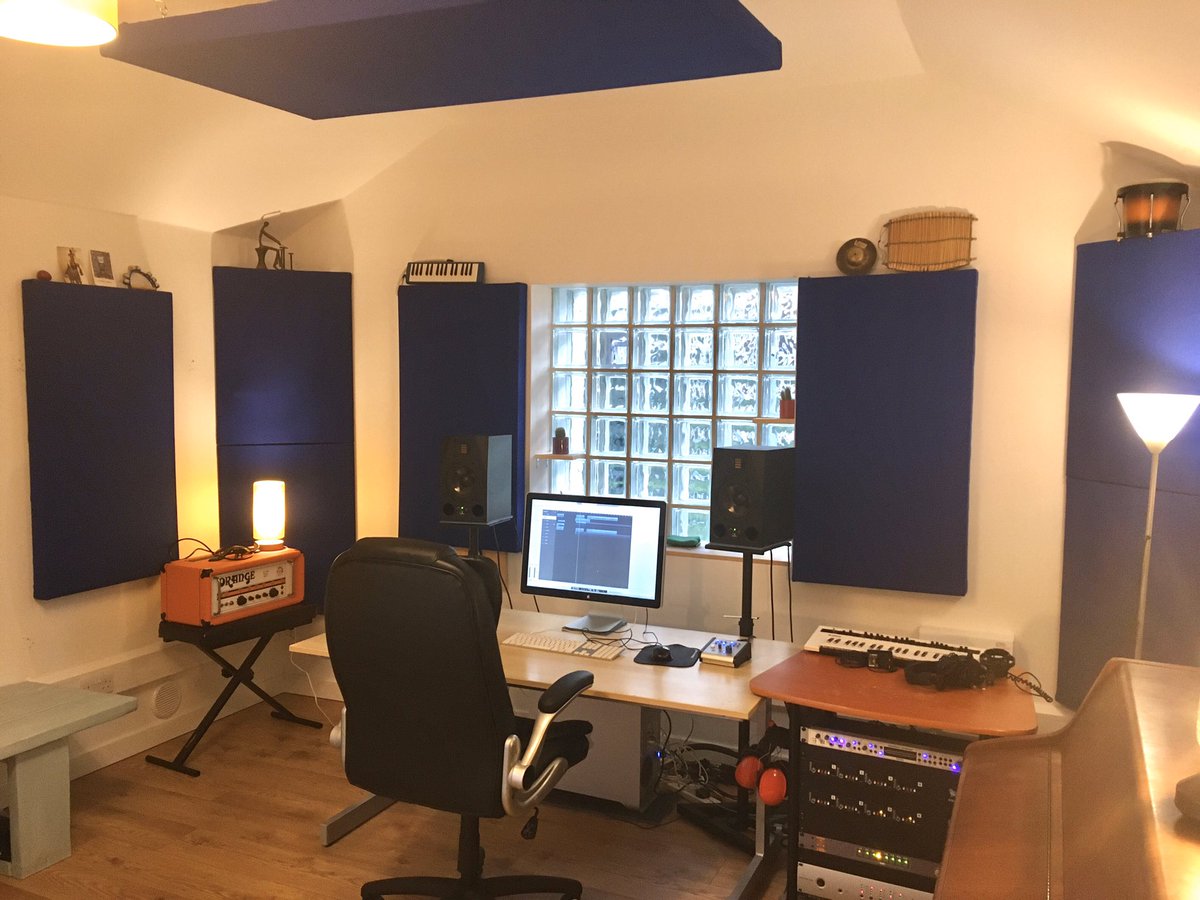 eugene_twist's tweet photo. Refurb of acoustic panels bringing a cool and sparky blue and sonic improvements to the mixing room. Ready for some more music. #infinitybus https://t.co/695p6Wj8C8