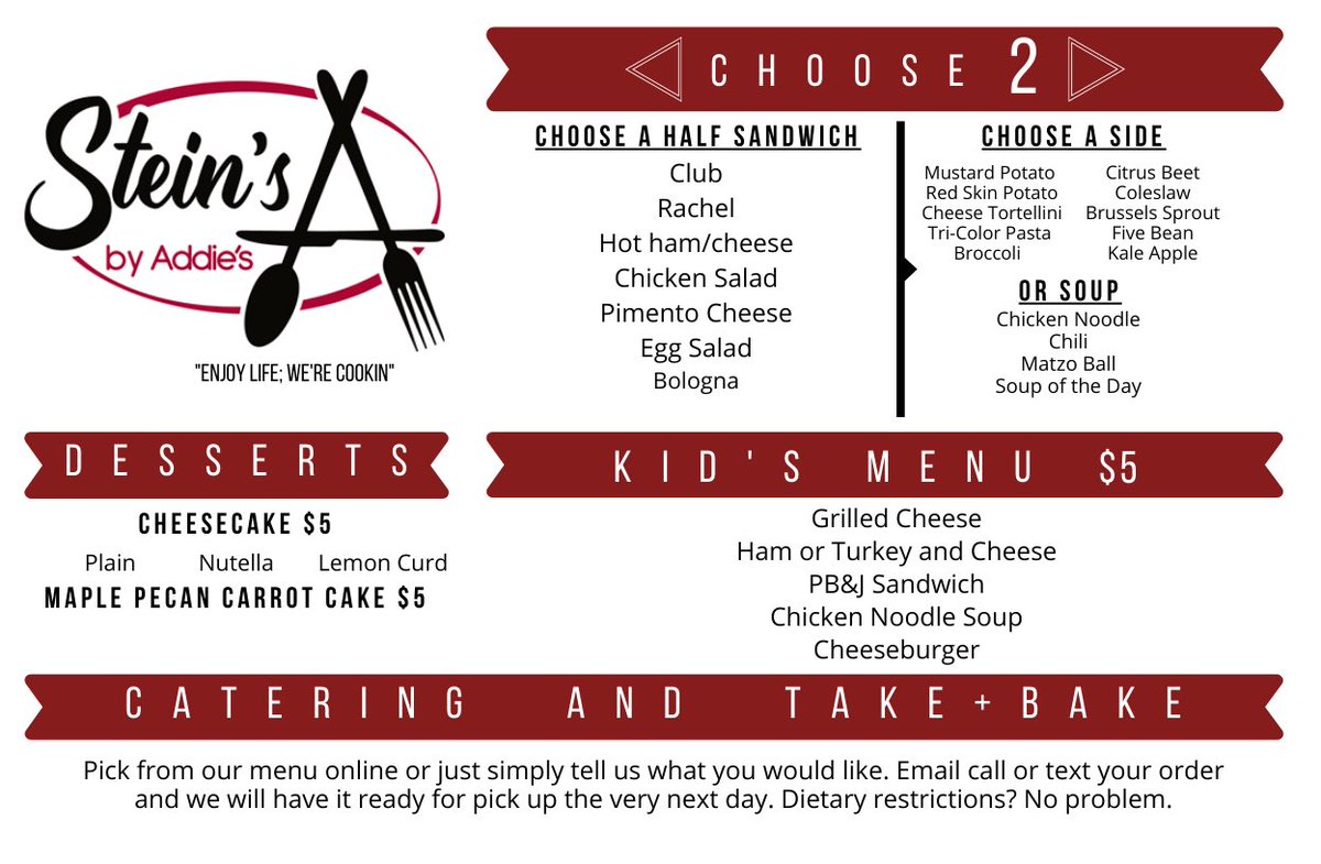 SteinsByAddies's tweet photo. Check out our #updated #menu! 🍲🥗🥪❤️
.
.
#steins #sharethelex #lexeats #food #eatlocal #weekend #jewish #deli #local #lexington #kentucky #southland #foodie #new #saturday #bbn #addies #lexfood #lexky #February2020 https://t.co/sJ5FT6sOIC