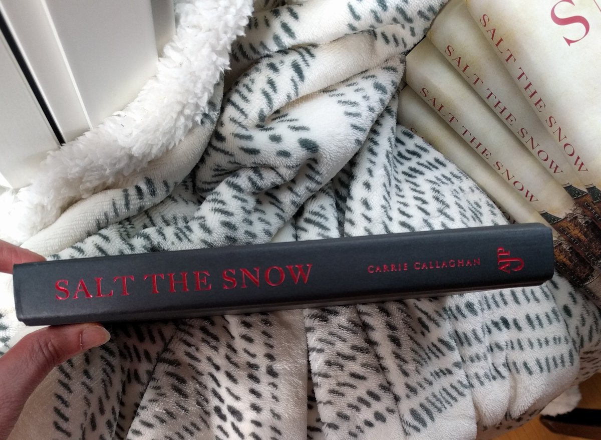 The spine of a black hardcover book with SALT THE SNOW in red gilded text