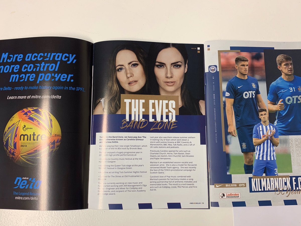 theevesmusic's tweet photo. Huge thanks to @KilmarnockFC for playing our new single during #BandZone at their match with Ross County today! Delighted to feature in the programme too #football #newmusic #scotland https://t.co/os9dcJF5DE